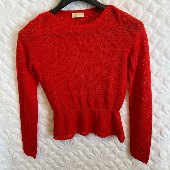 ModCloth red tight knit eyelet pattern top extra long sleeves peplum size medium - Picture 1 of 8